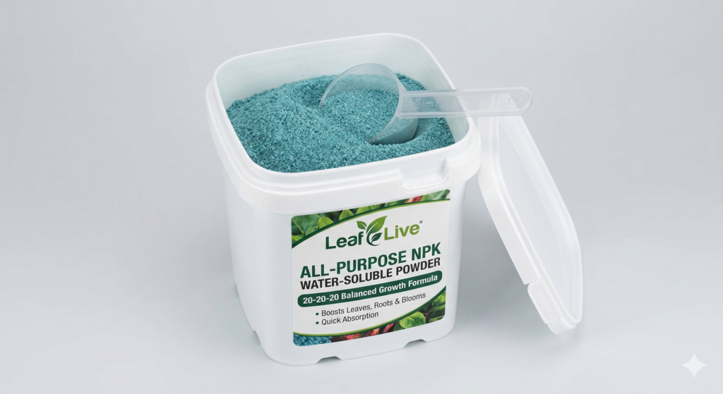 All-Purpose NPK Water-Soluble Powder: Balanced ratios (e.g., 19-19-19 or 20-20-20) for general growth.